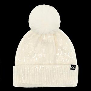 NWT 430. Ivory Sequin Pom Beanie hat